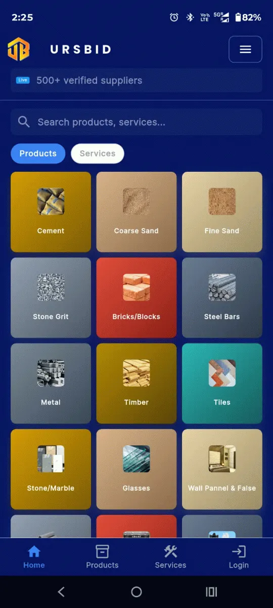 URSBID mobile app preview for browsing construction products and services