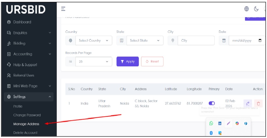 manage Address on URSBID