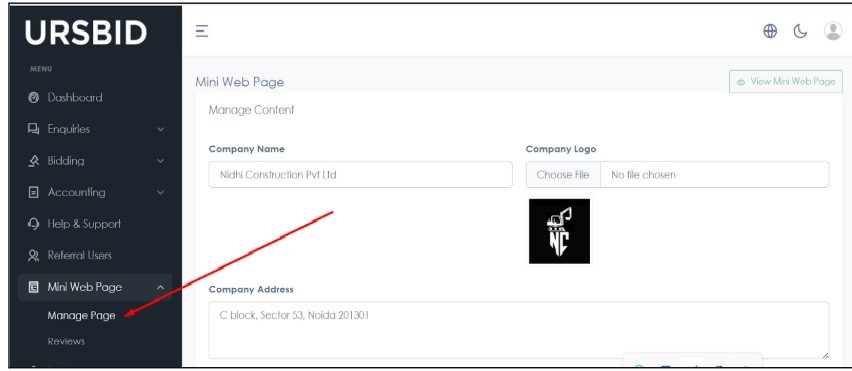 manage Webpage for seller contractor on URSBID